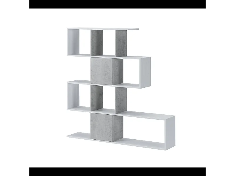Libreria Moderna Asimmetrica Porta Libri Mensole Ripiani Design Bifacciale Con Vani Aperti e Chiusi Soggiorno Salotto 145 x 27,8 x 142 Cm Bianco e Grigio Cemento