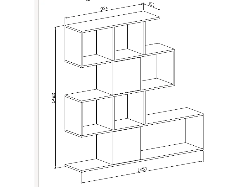 Libreria Moderna Asimmetrica Porta Libri Mensole Ripiani Design Bifacciale Con Vani Aperti e Chiusi Soggiorno Salotto 145 x 27,8 x 142 Cm Bianco e Grigio Cemento