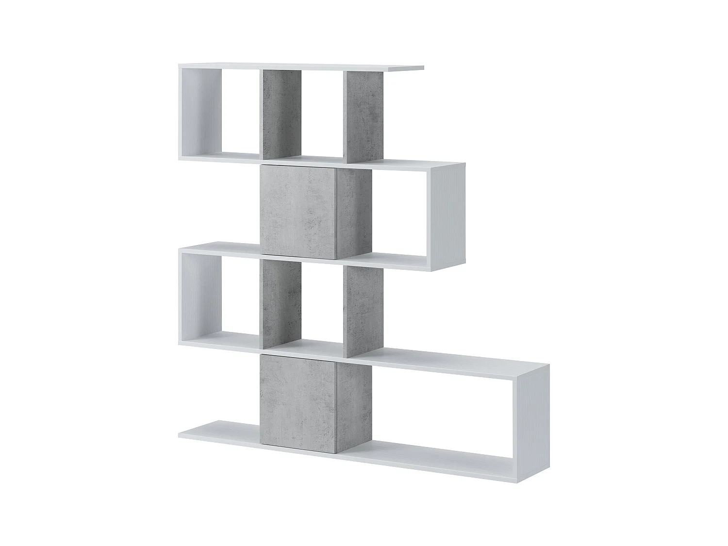 Libreria Moderna Asimmetrica Porta Libri Mensole Ripiani Design Bifacciale Con Vani Aperti e Chiusi Soggiorno Salotto 145 x 27,8 x 142 Cm Bianco e Grigio Cemento