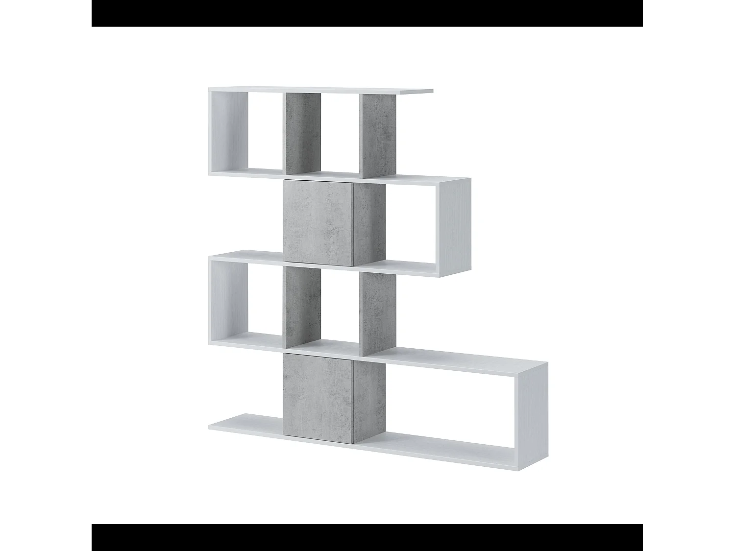 Libreria Moderna Asimmetrica Porta Libri Mensole Ripiani Design Bifacciale Con Vani Aperti e Chiusi Soggiorno Salotto 145 x 27,8 x 142 Cm Bianco e Grigio Cemento