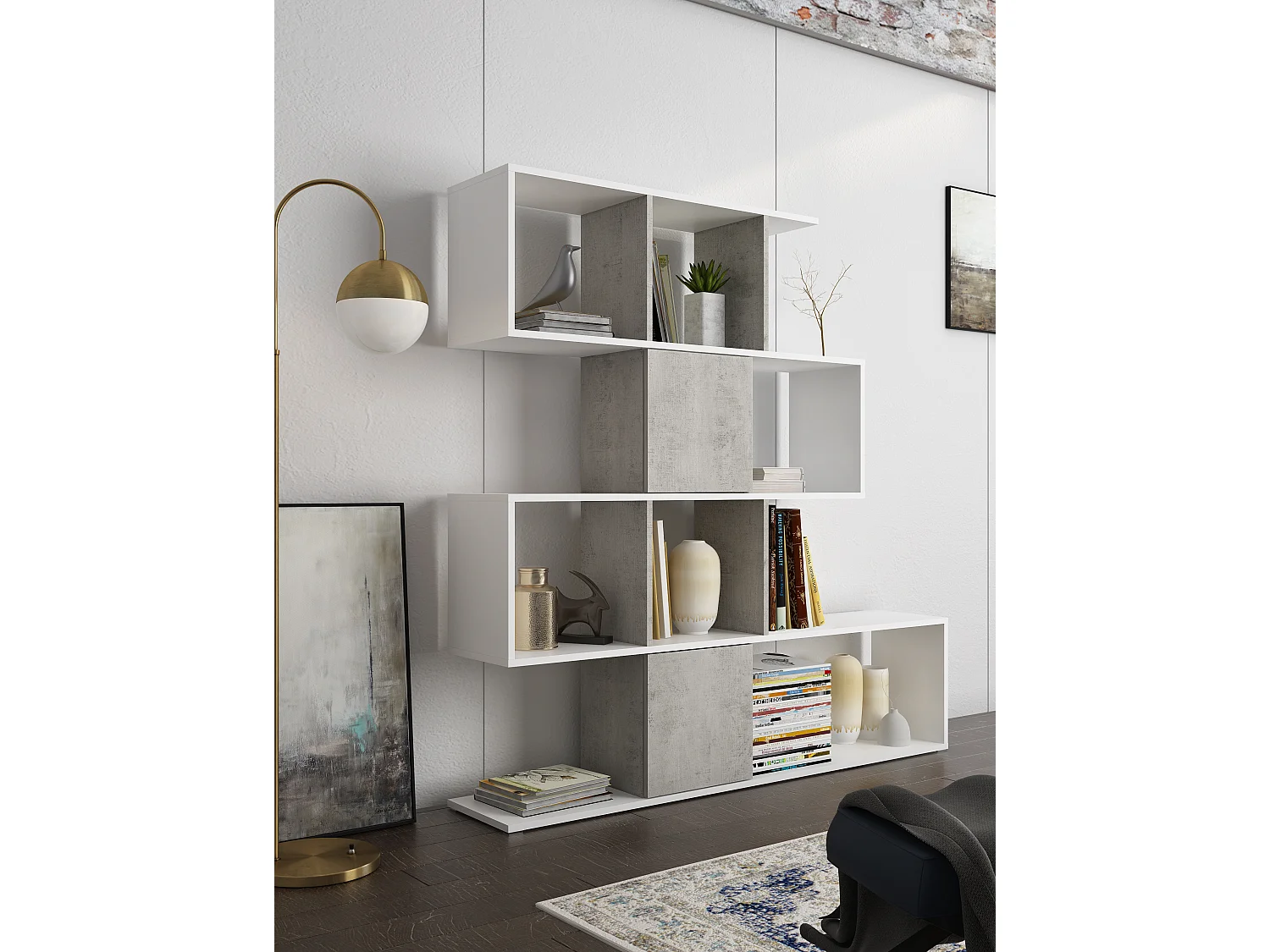Libreria Moderna Asimmetrica Porta Libri Mensole Ripiani Design Bifacciale Con Vani Aperti e Chiusi Soggiorno Salotto 145 x 27,8 x 142 Cm Bianco e Grigio Cemento