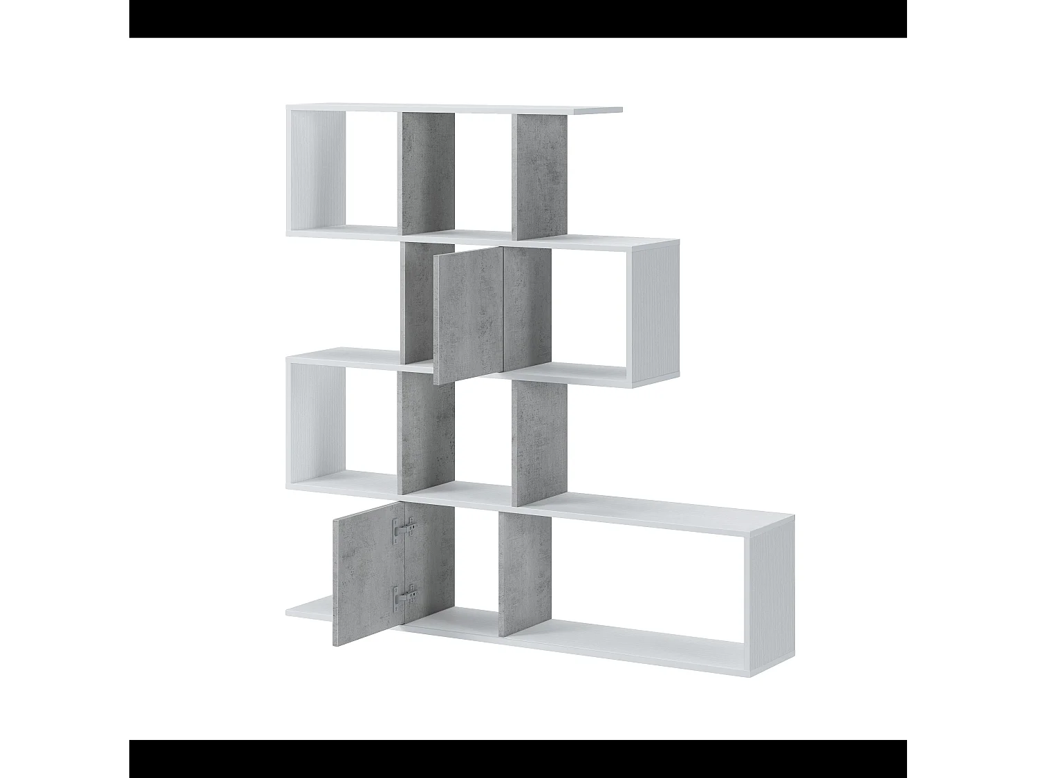 Libreria Moderna Asimmetrica Porta Libri Mensole Ripiani Design Bifacciale Con Vani Aperti e Chiusi Soggiorno Salotto 145 x 27,8 x 142 Cm Bianco e Grigio Cemento