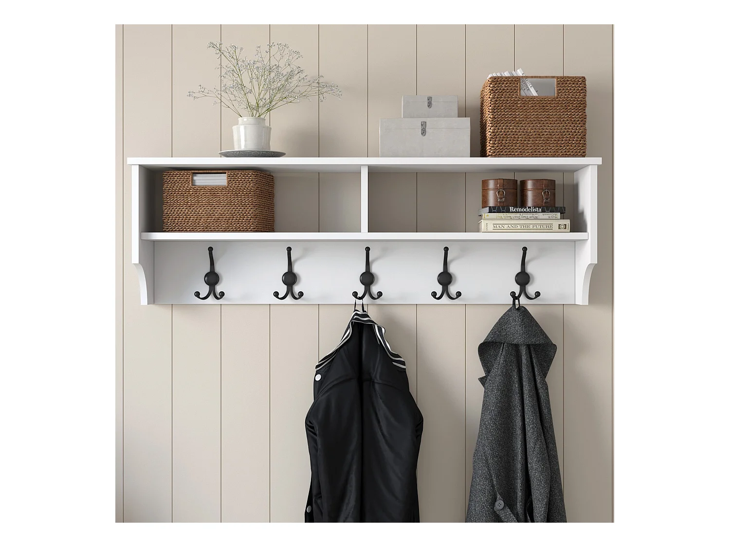 Porte manteau 2 niches et 5 patères L120 cm - BROOKE