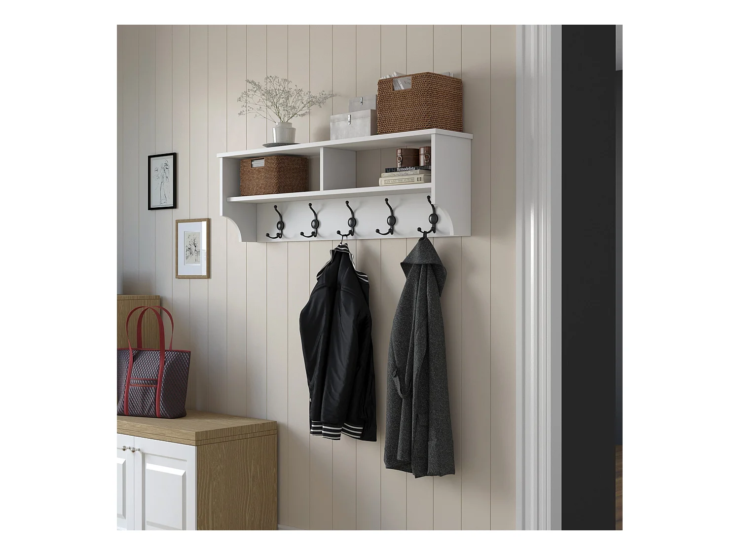 Porte manteau 2 niches et 5 patères L120 cm - BROOKE