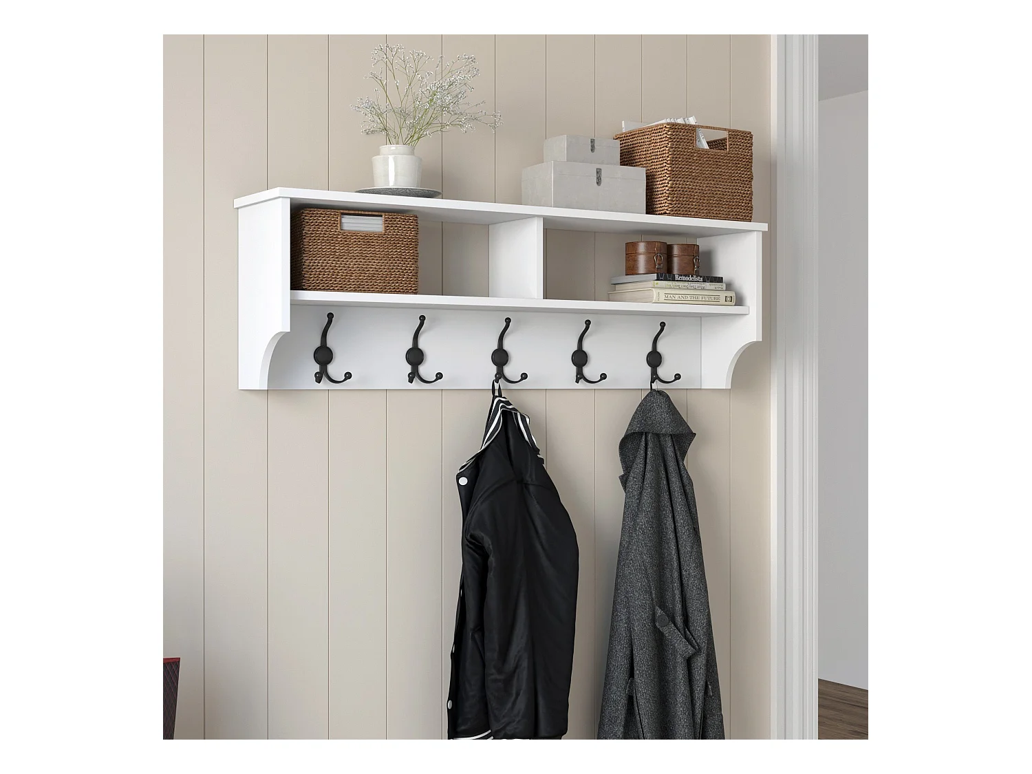 Porte manteau 2 niches et 5 patères L120 cm - BROOKE