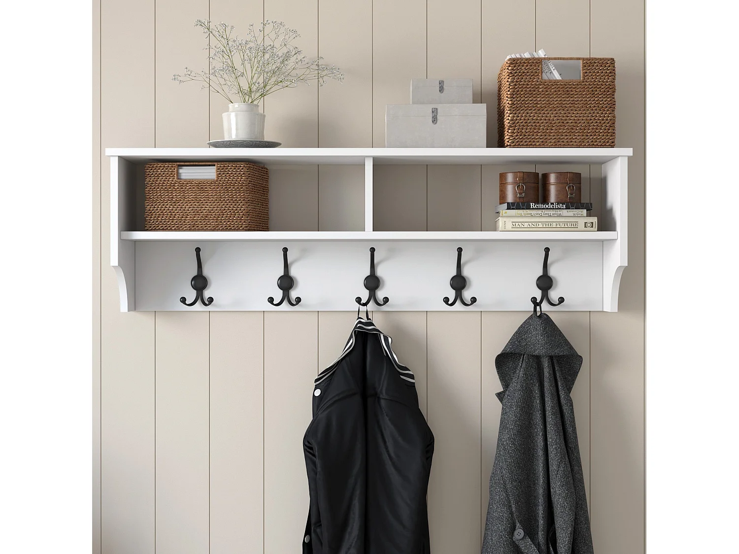 Porte manteau 2 niches et 5 patères L120 cm - BROOKE