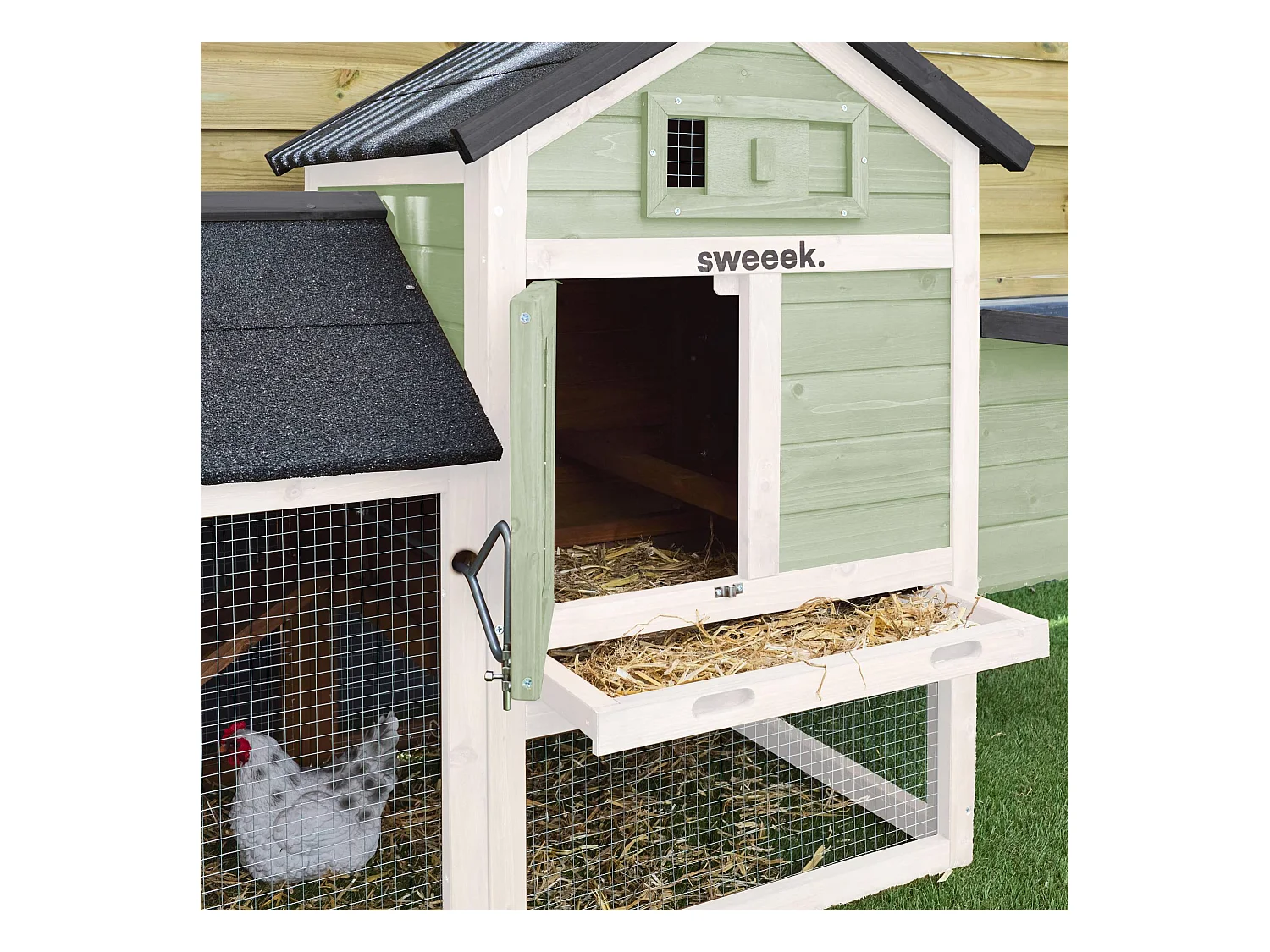 Poulailler en bois blanc et vert GALINETTE. 3 poules. cage à poule avec enclos