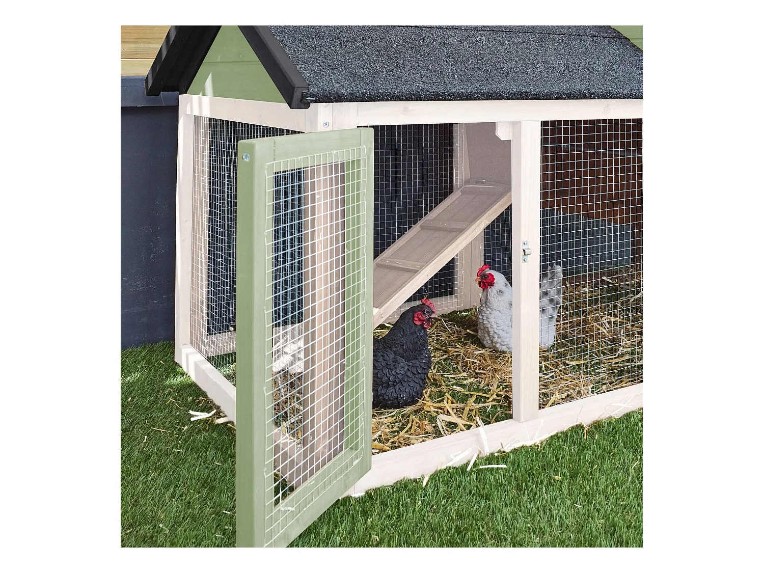 Poulailler en bois blanc et vert GALINETTE. 3 poules. cage à poule avec enclos