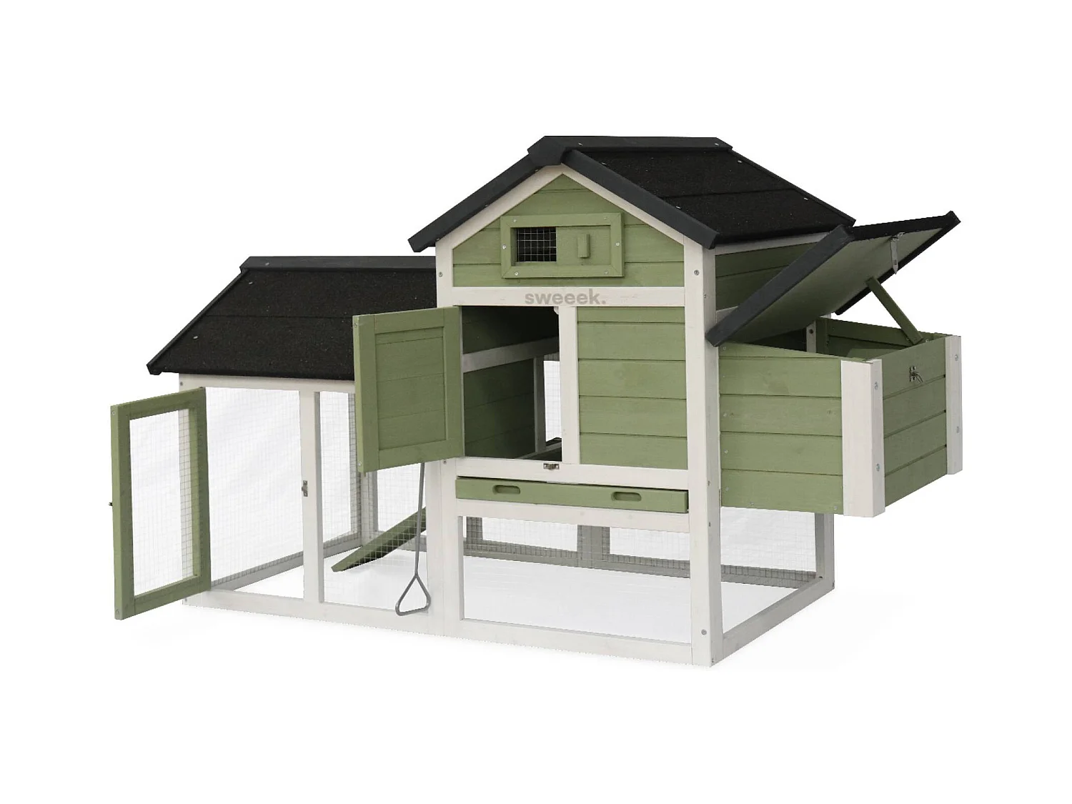 Poulailler en bois blanc et vert GALINETTE. 3 poules. cage à poule avec enclos