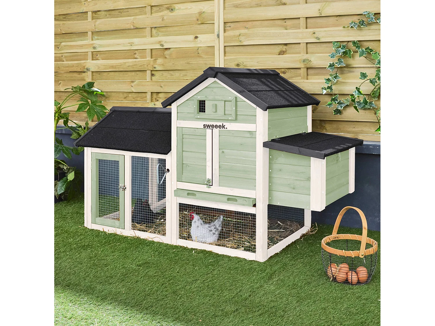 Pollaio in legno con recinto per 3 galline, verde