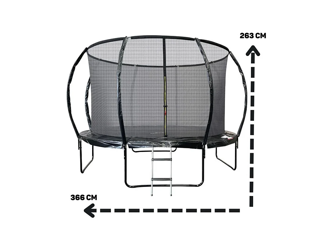 Trampoline 12Ft ø 366 cm noire avec Echelle, Protection et Filet de sécurité