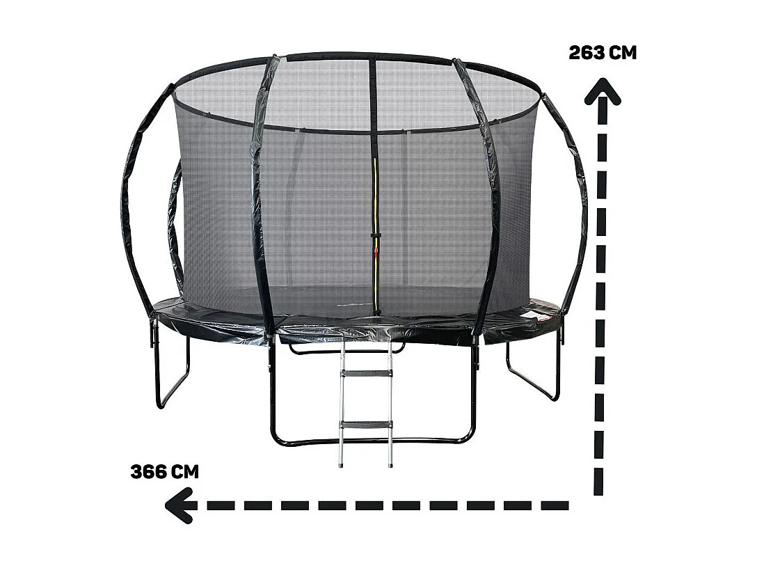 Trampoline 12Ft ø 366 cm noire avec Echelle, Protection et Filet de sécurité