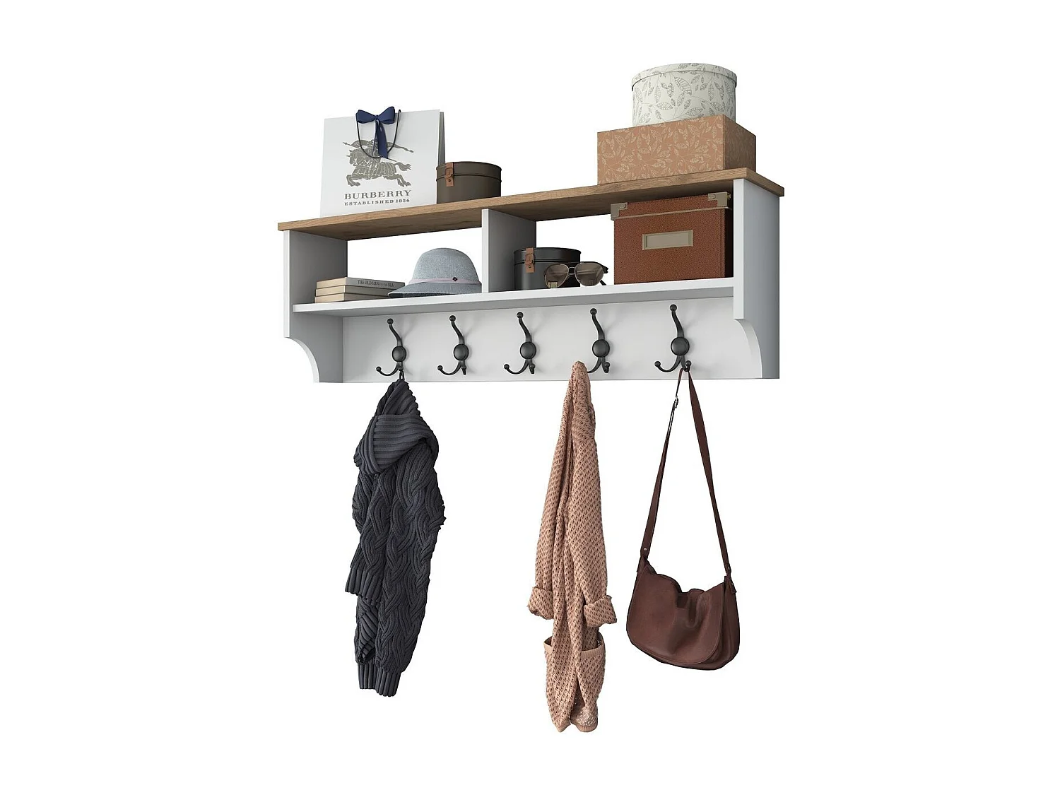 Porte manteau 2 niches et 5 patères L120 cm - BROOKE