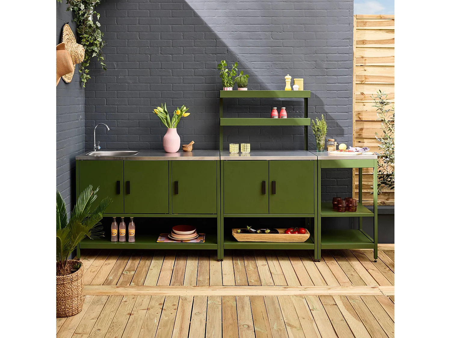 Mobile da esterno, 3 moduli in acciaio inox, verde