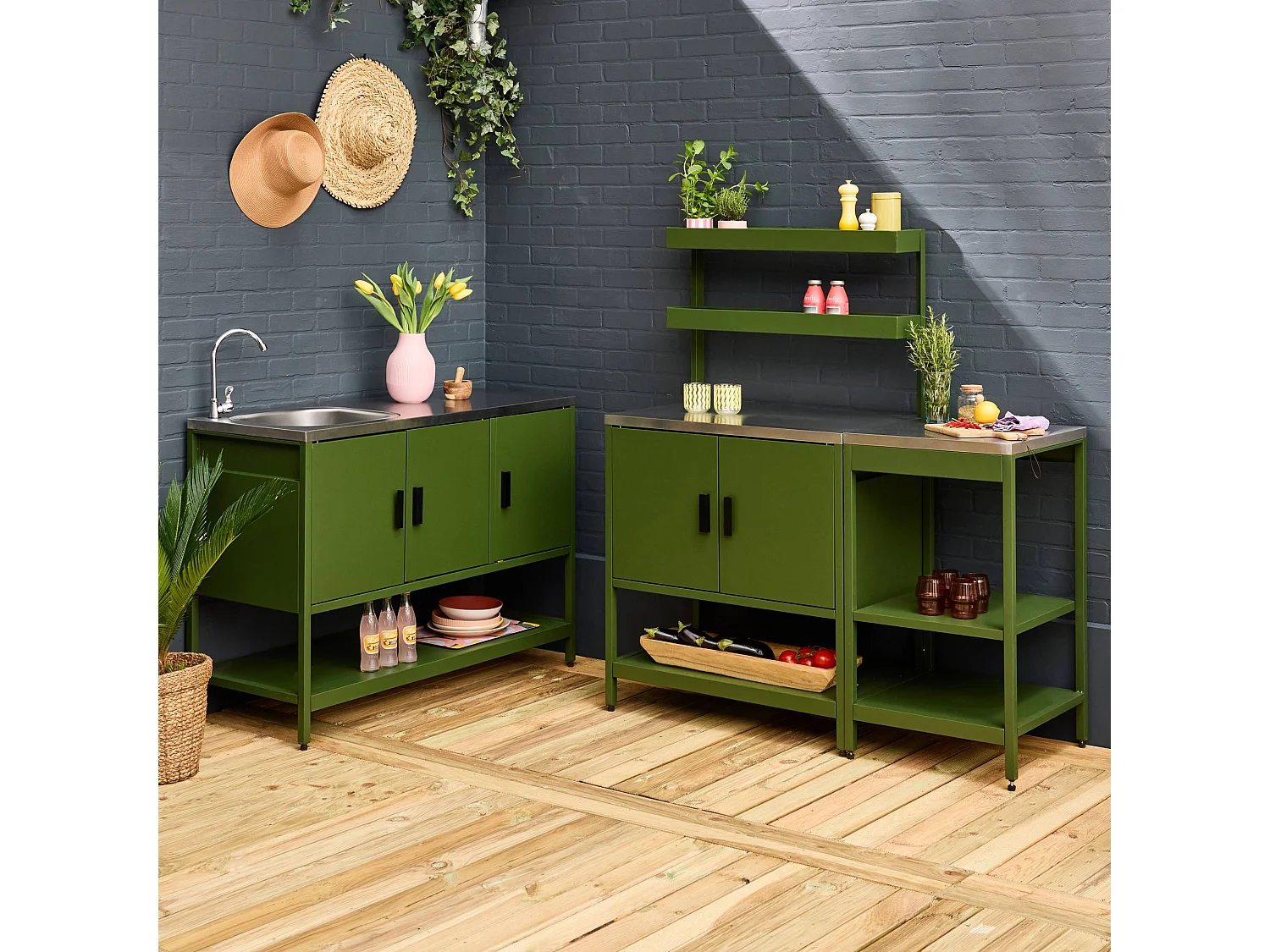 Mobile da esterno, 3 moduli in acciaio inox, verde