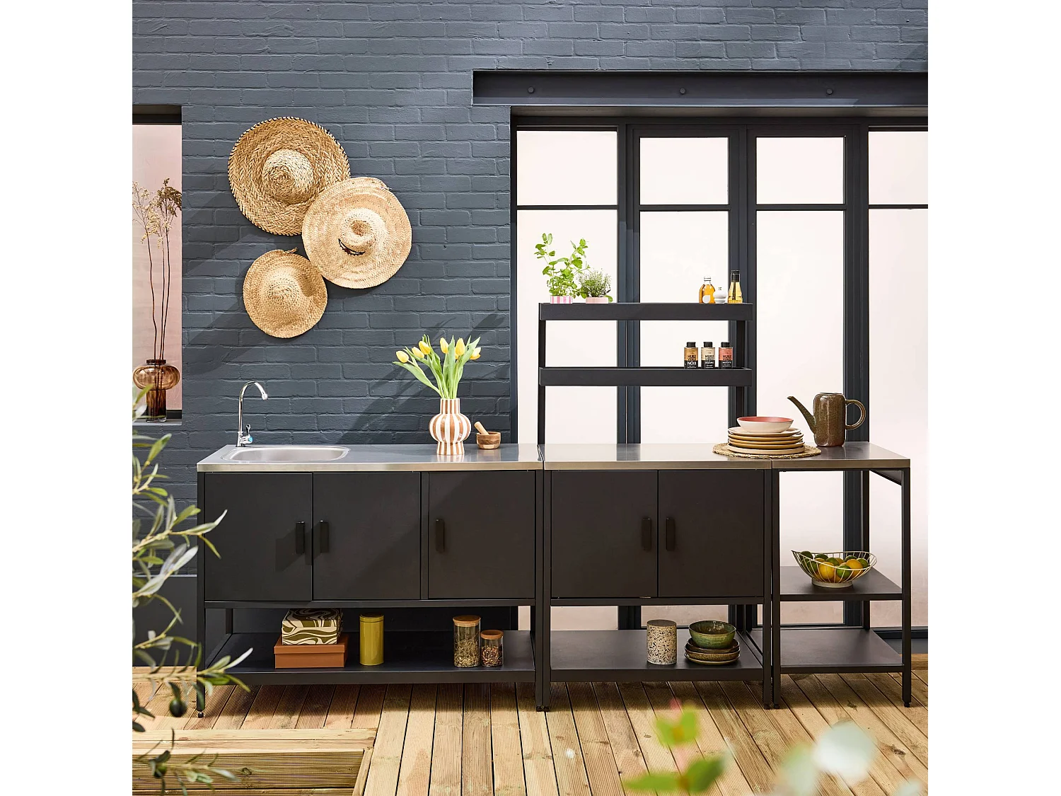 Mobile da esterno, 3 moduli in acciaio inox, nero