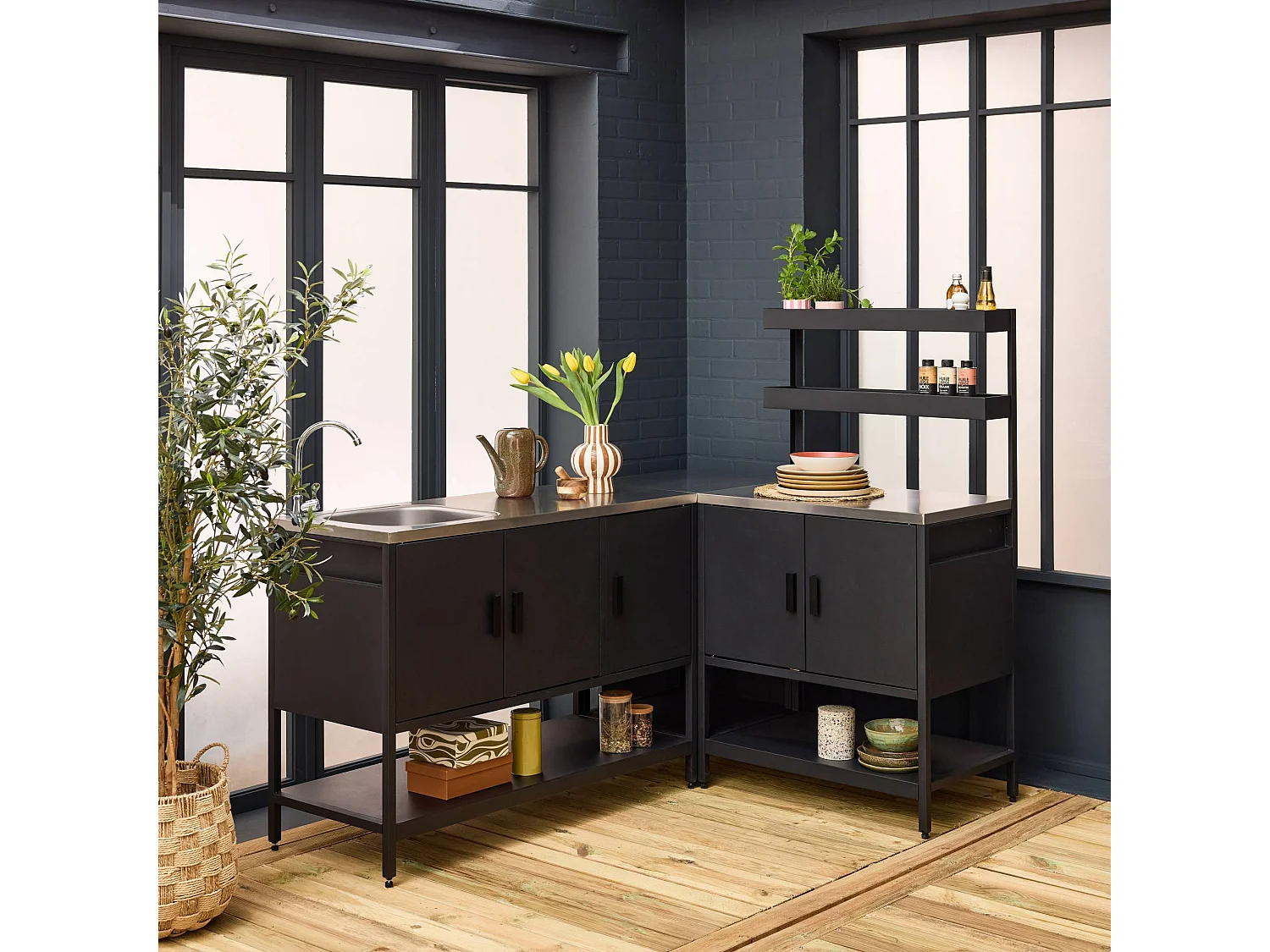 Mobile da esterno, 3 moduli in acciaio inox, nero