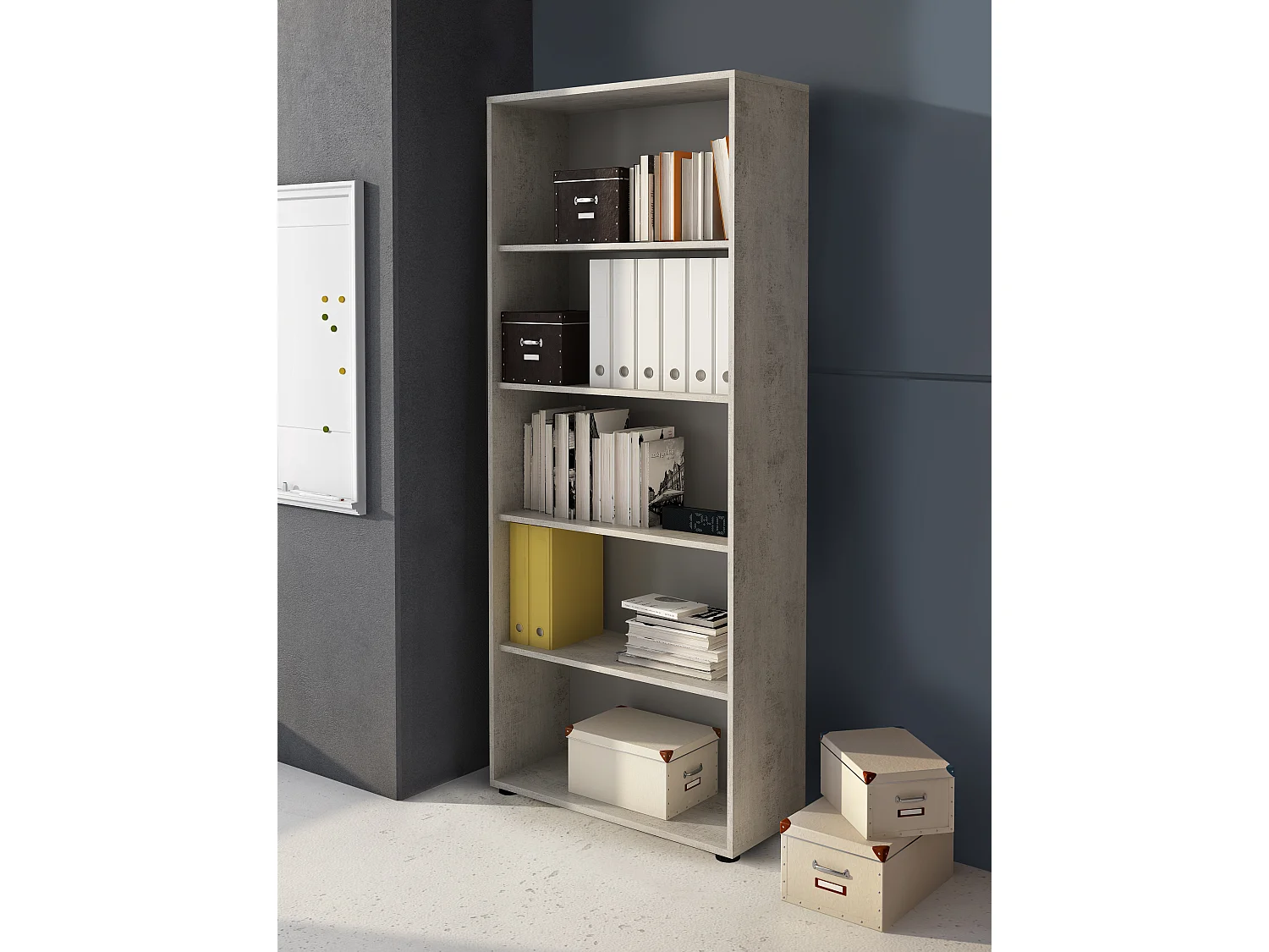 Set Ufficio Completo Con 2 Scrivanie 1 Modulo Ad Angolo 1 Cassettiera Con Ruote 2 Armadi 2 Librerie (Alta E Bassa) Finitura Bianco Frassinato E Grigio Cemento