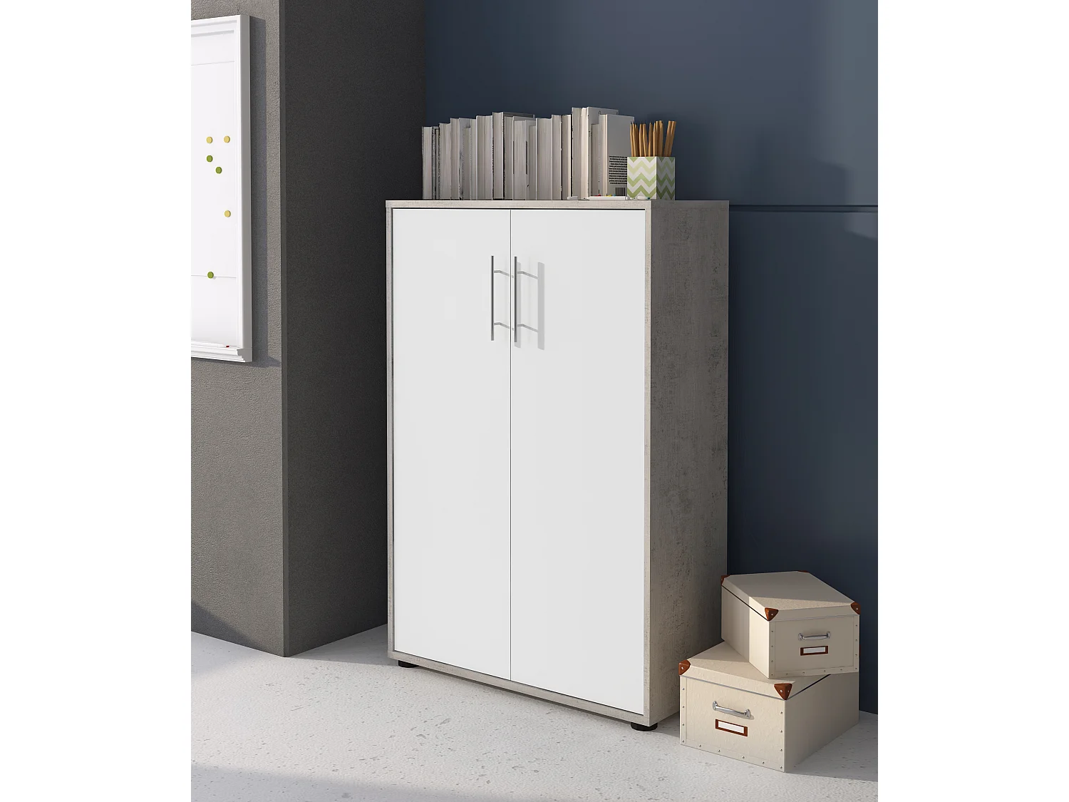 Set Ufficio Completo Con 2 Scrivanie 1 Modulo Ad Angolo 1 Cassettiera Con Ruote 2 Armadi 2 Librerie (Alta E Bassa) Finitura Bianco Frassinato E Grigio Cemento