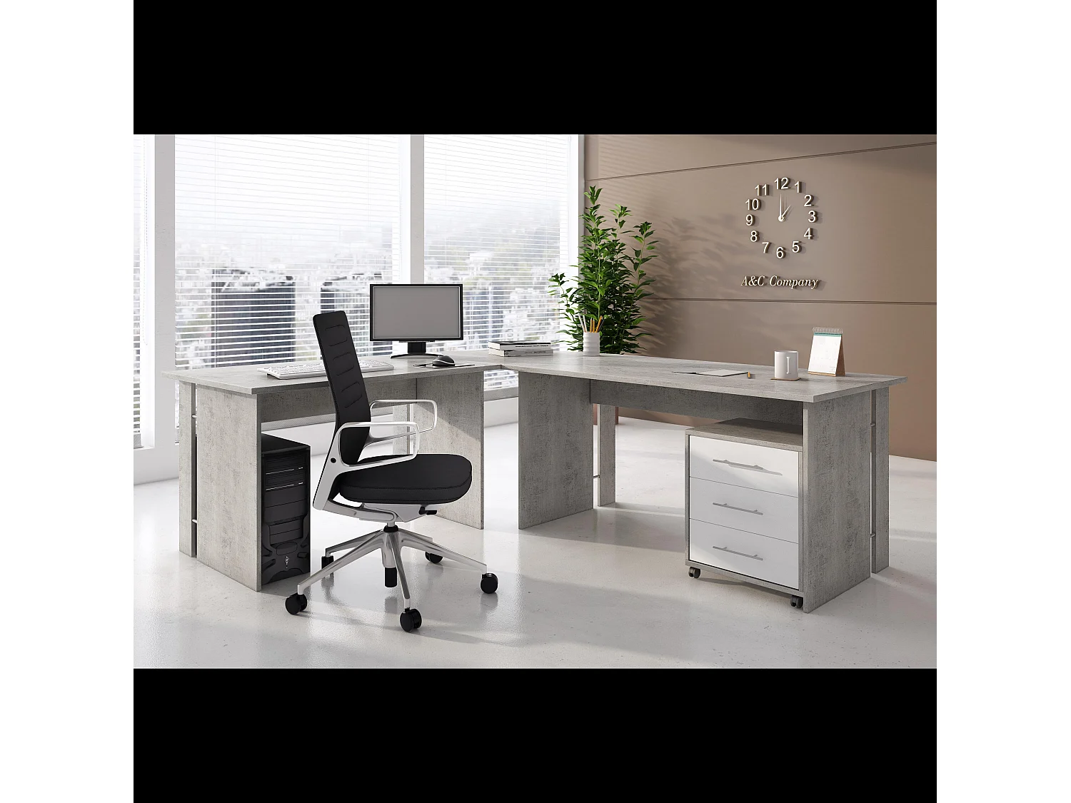 Set Ufficio Completo Con 2 Scrivanie 1 Modulo Ad Angolo 1 Cassettiera Con Ruote 2 Armadi 2 Librerie (Alta E Bassa) Finitura Bianco Frassinato E Grigio Cemento