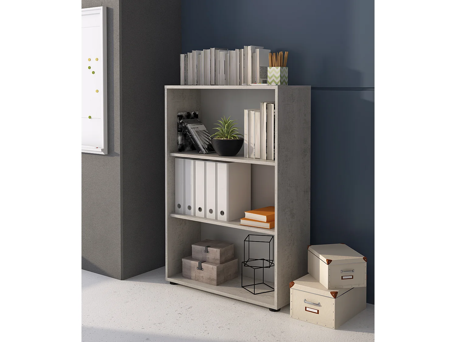 Set Ufficio Completo Con 2 Scrivanie 1 Modulo Ad Angolo 1 Cassettiera Con Ruote 2 Armadi 2 Librerie (Alta E Bassa) Finitura Bianco Frassinato E Grigio Cemento