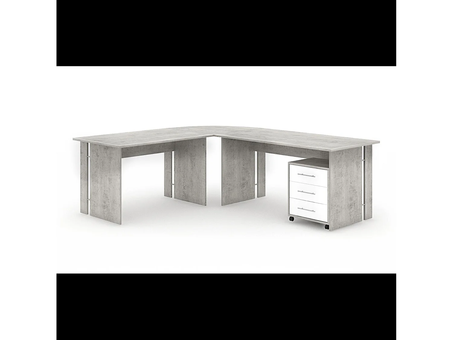 Set Ufficio Completo Con 2 Scrivanie 1 Modulo Ad Angolo 1 Cassettiera Con Ruote 2 Armadi 2 Librerie (Alta E Bassa) Finitura Bianco Frassinato E Grigio Cemento