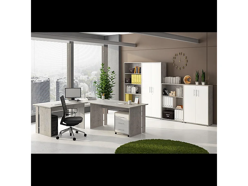 Set Ufficio Completo Con 2 Scrivanie 1 Modulo Ad Angolo 1 Cassettiera Con Ruote 2 Armadi 2 Librerie (Alta E Bassa) Finitura Bianco Frassinato E Grigio Cemento