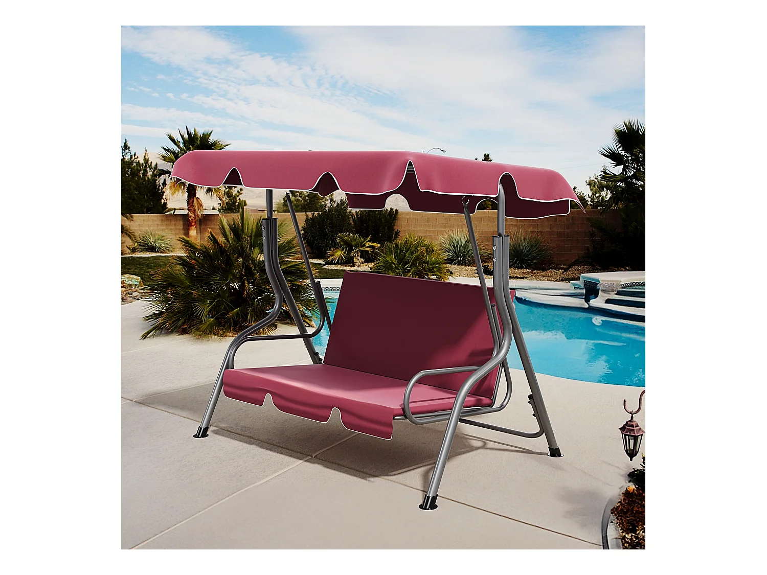 Dondolo 3 Posti Algarve Con Tettuccio Parasole Regolabile Cuscini Imbottiti Struttura Robusta In Acciaio Verniciato Da Giardino Balcone 170 x 110 x 153 cm Bordeaux