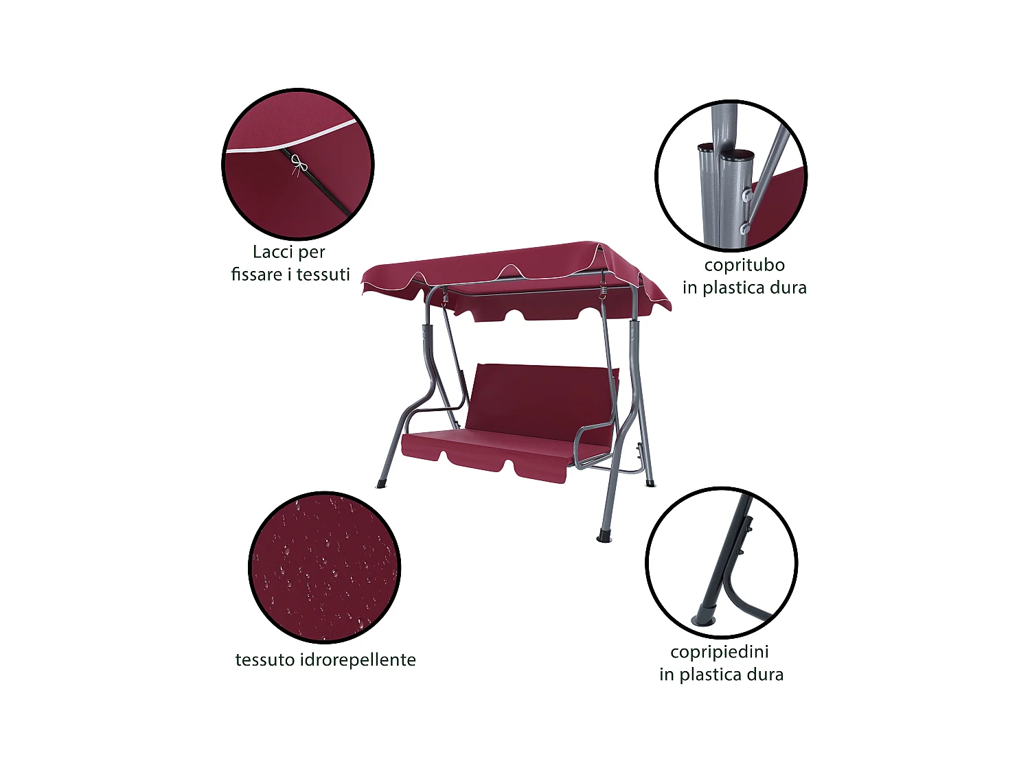 Dondolo 3 Posti Algarve Con Tettuccio Parasole Regolabile Cuscini Imbottiti Struttura Robusta In Acciaio Verniciato Da Giardino Balcone 170 x 110 x 153 cm Bordeaux