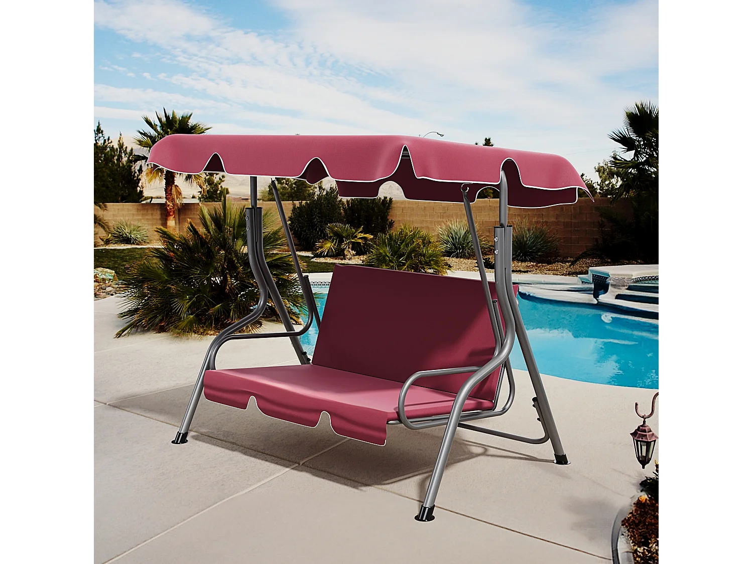 Dondolo 3 Posti Algarve Con Tettuccio Parasole Regolabile Cuscini Imbottiti Struttura Robusta In Acciaio Verniciato Da Giardino Balcone 170 x 110 x 153 cm Bordeaux