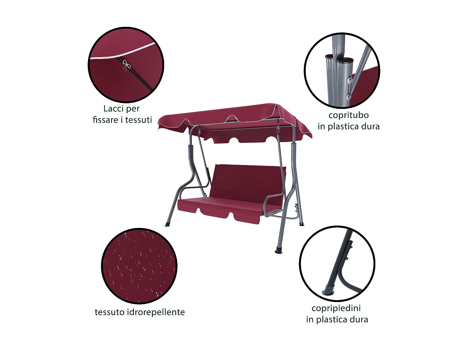 Dondolo 3 Posti Algarve Con Tettuccio Parasole Regolabile Cuscini Imbottiti Struttura Robusta In Acciaio Verniciato Da Giardino Balcone 170 x 110 x 153 cm Bordeaux