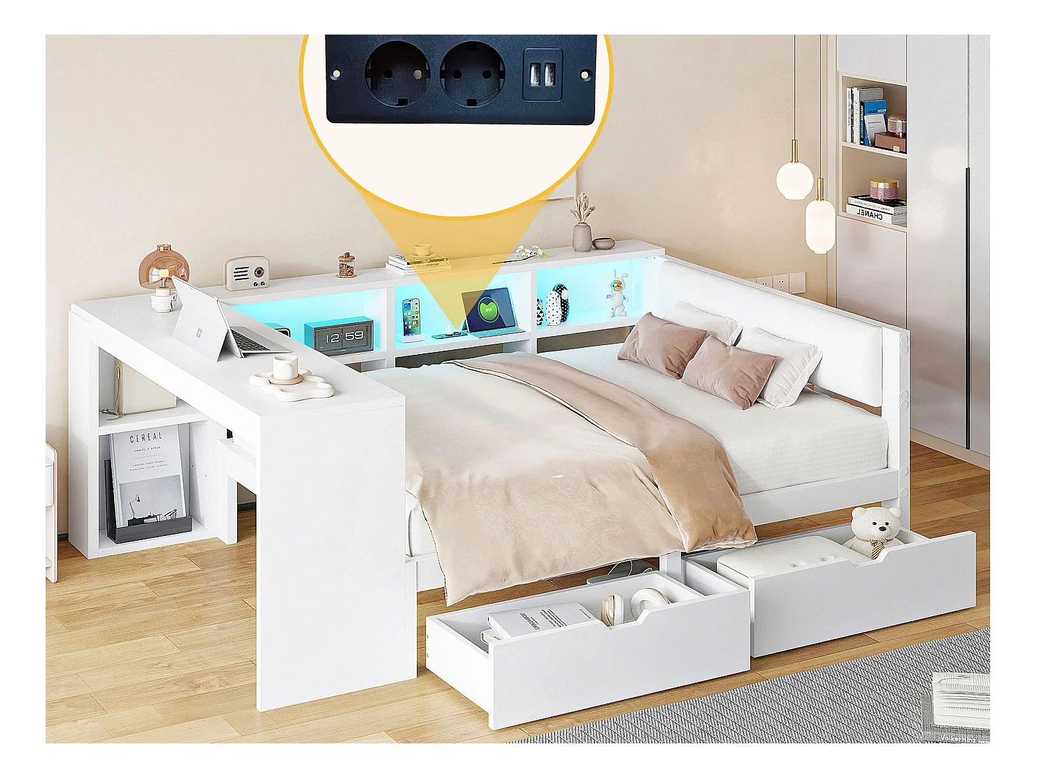 Lit enfant 140x200cm - avec 2 tiroirs et station de charge - avec lumières LED colorées - blanc (sans matelas)