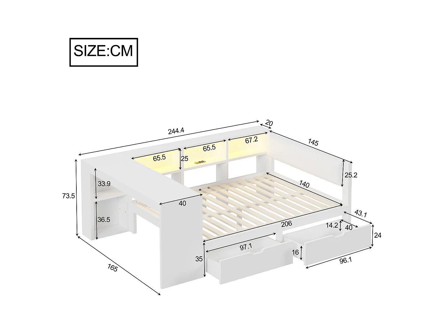 Lit enfant 140x200cm - avec 2 tiroirs et station de charge - avec lumières LED colorées - blanc (sans matelas)