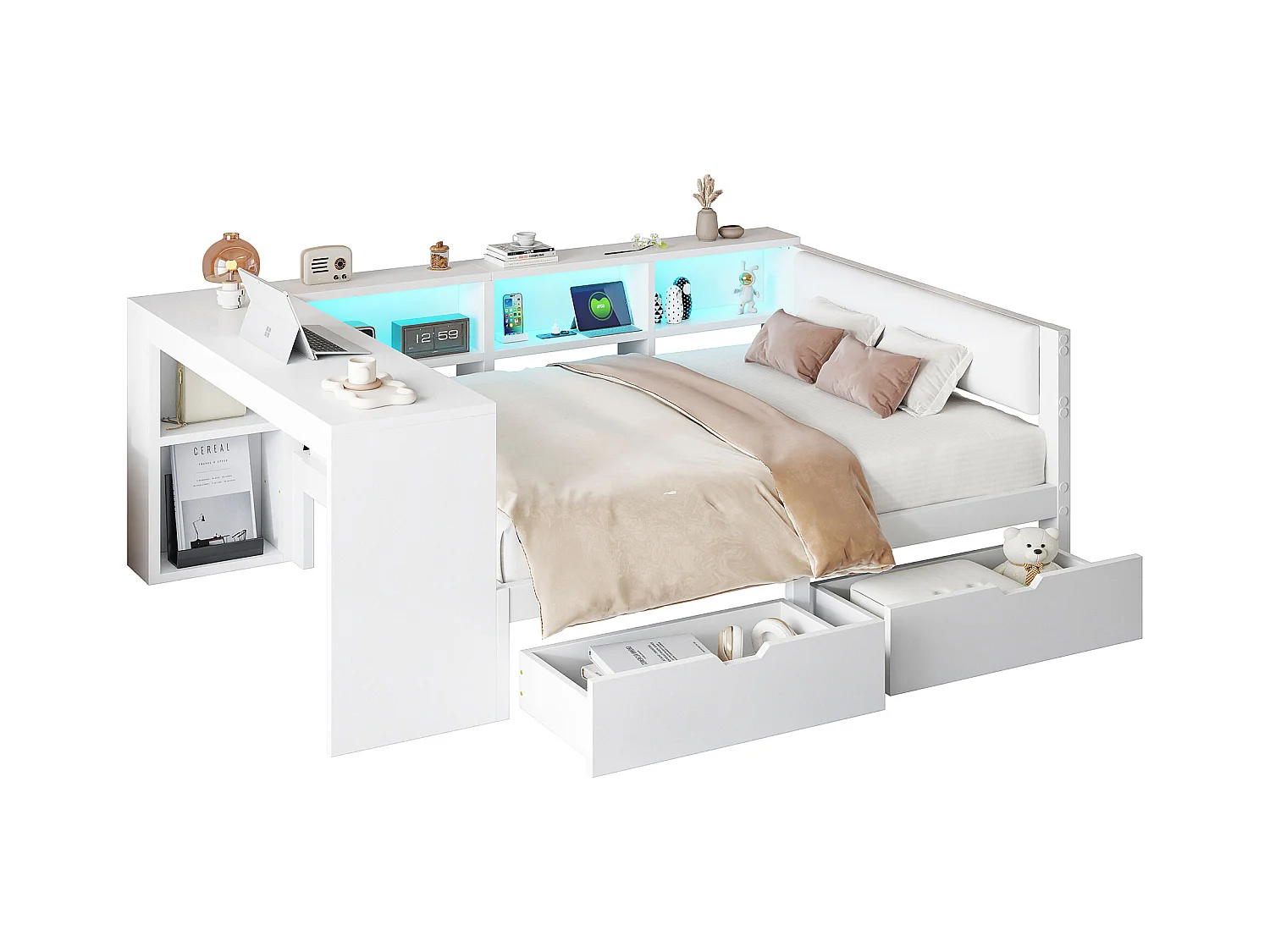 Lit enfant 140x200cm - avec 2 tiroirs et station de charge - avec lumières LED colorées - blanc (sans matelas)