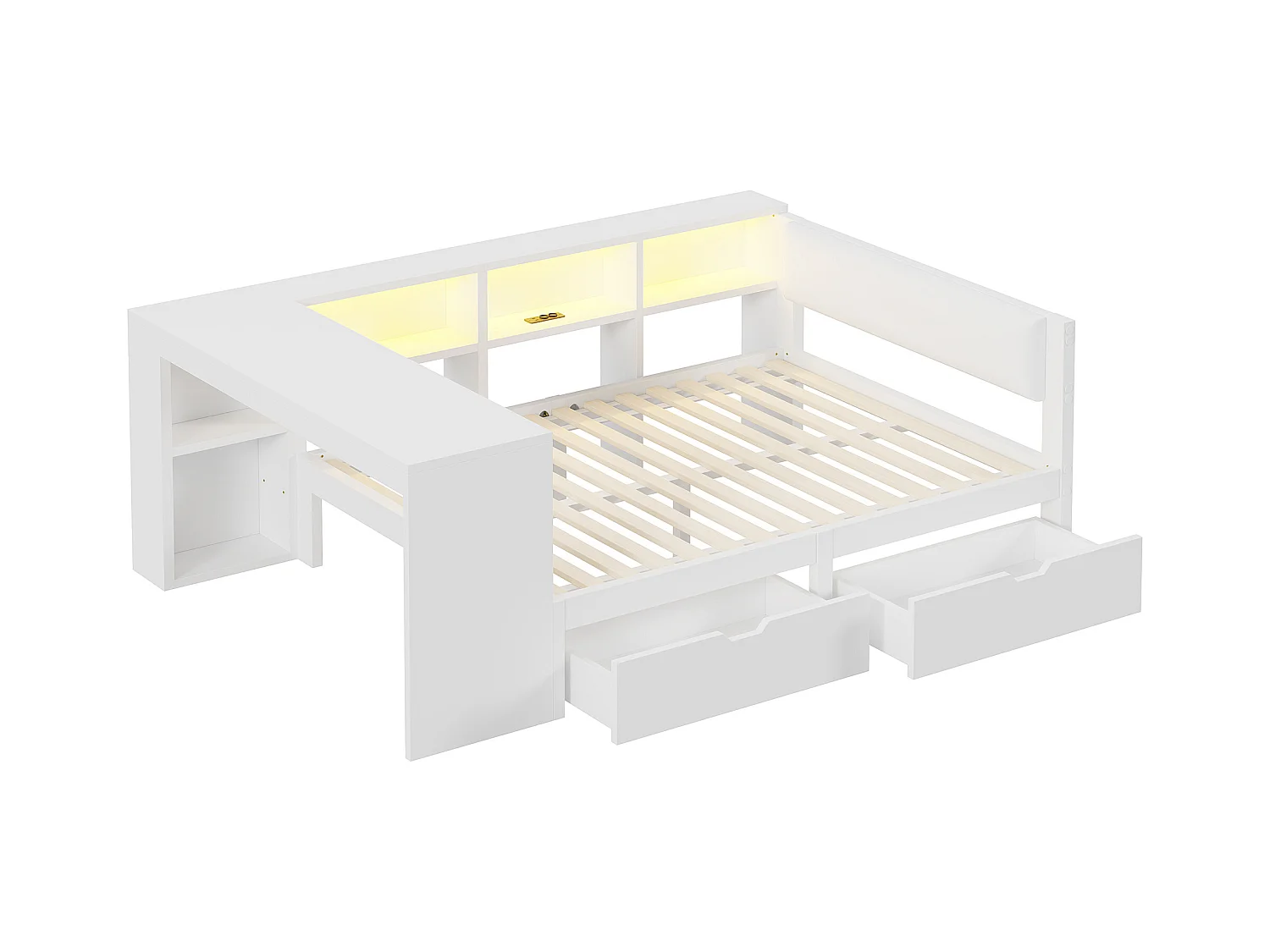 Lit enfant 140x200cm - avec 2 tiroirs et station de charge - avec lumières LED colorées - blanc (sans matelas)