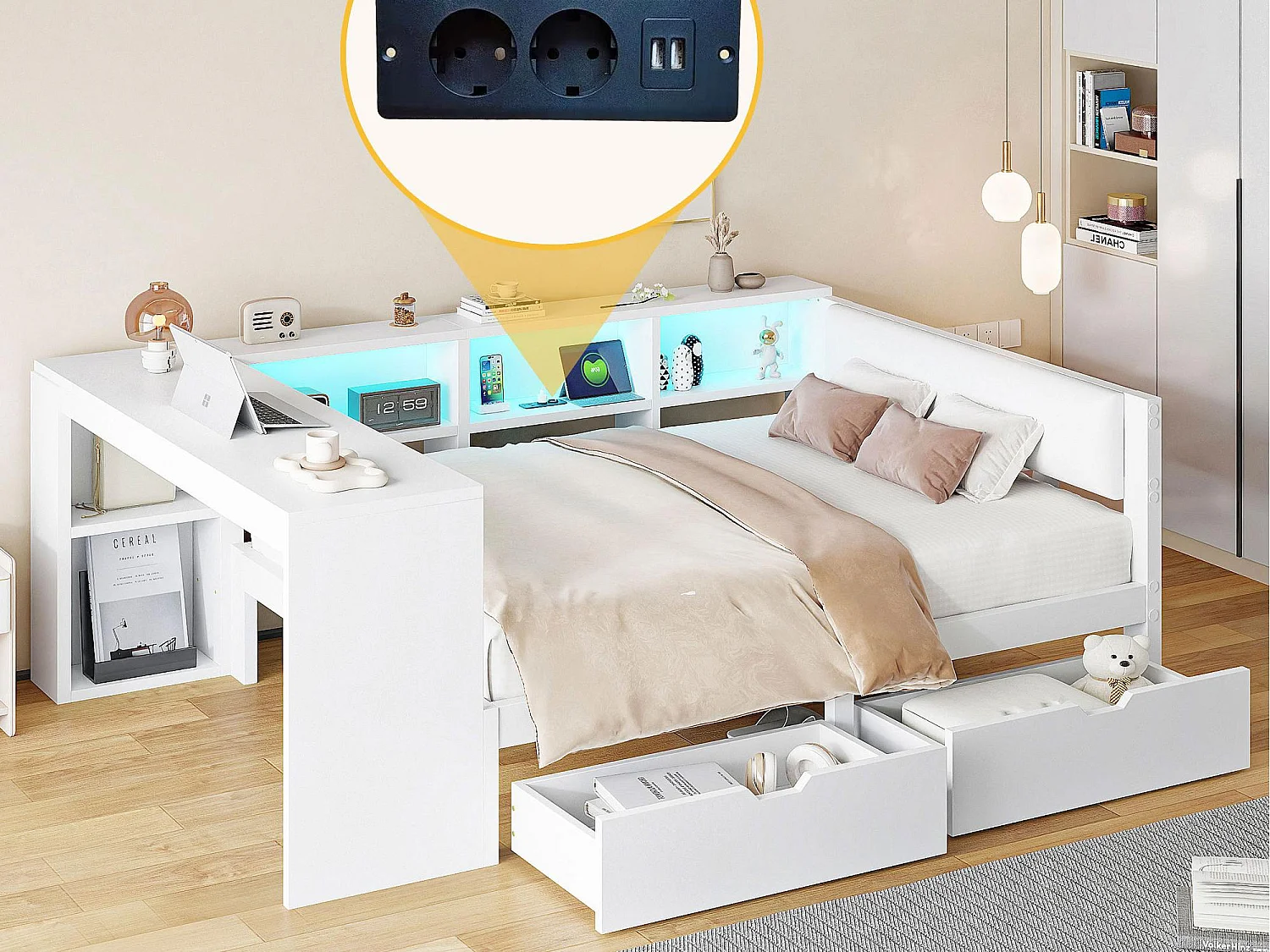 Kinderbett 140x200cm - mit 2 Schubladen und Ladestation - mit farbigen LED-Lichtern - weiß (ohne Matratze)