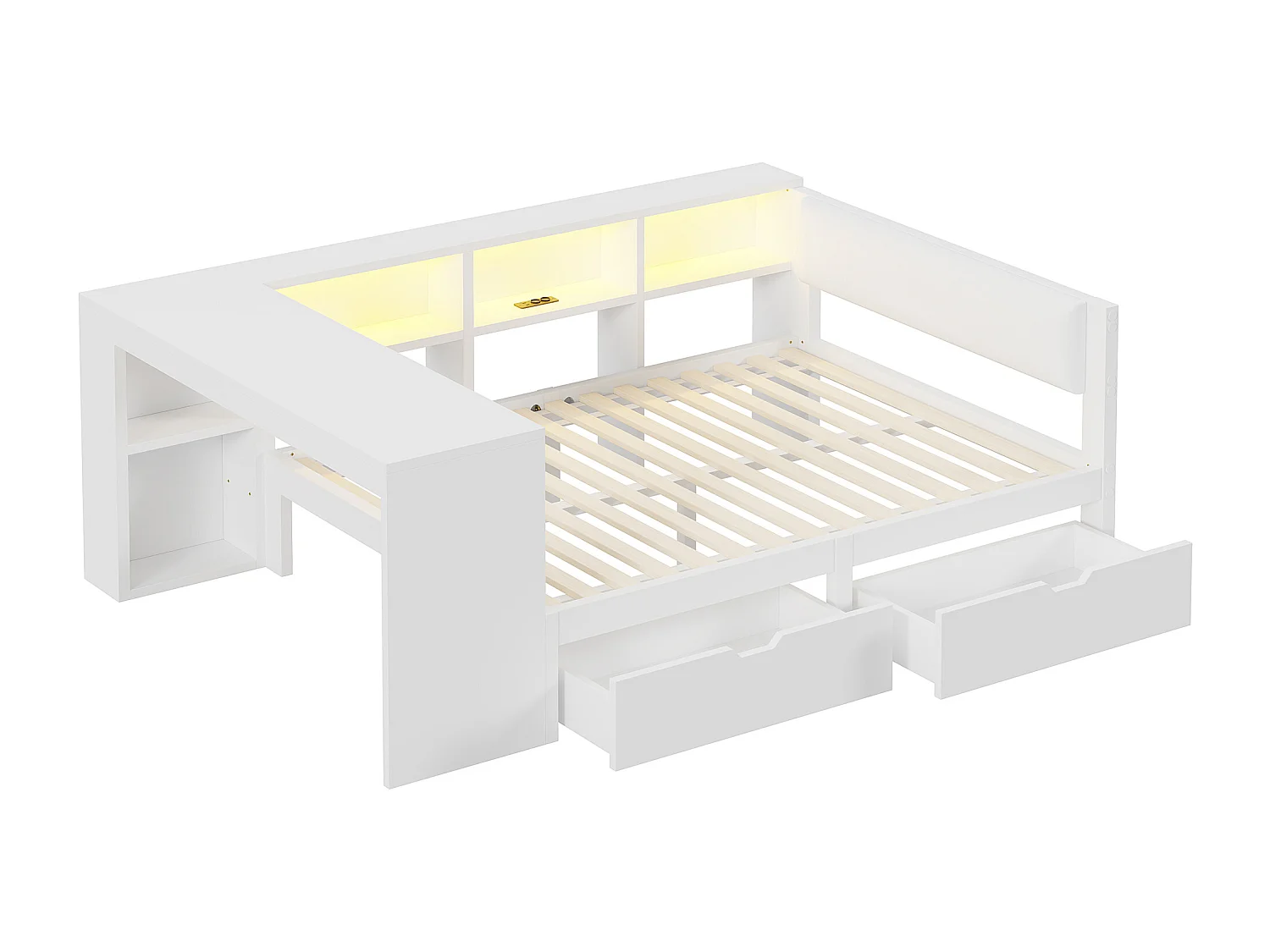 Kinderbett 140x200cm - mit 2 Schubladen und Ladestation - mit farbigen LED-Lichtern - weiß (ohne Matratze)
