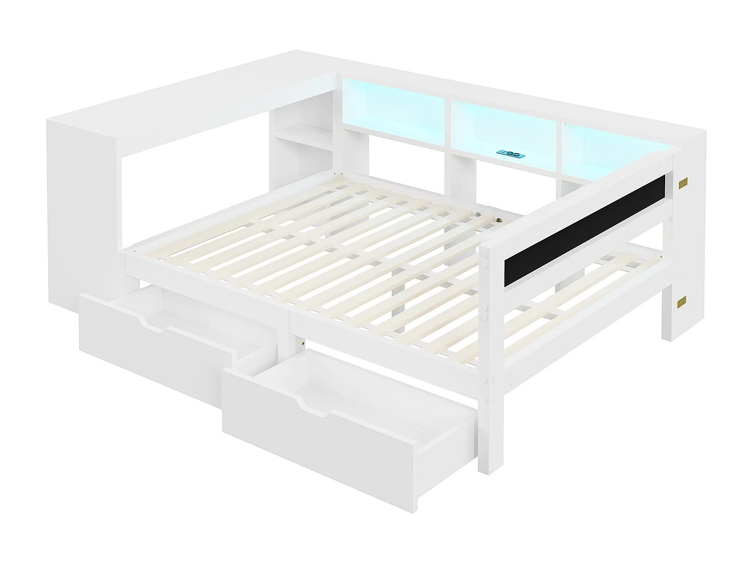 Kinderbett 140x200cm - mit 2 Schubladen und Ladestation - mit farbigen LED-Lichtern - weiß (ohne Matratze)