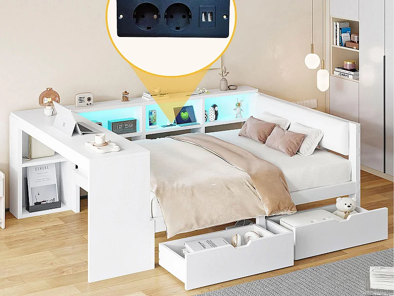 Kinderbett 140x200cm - mit 2 Schubladen und Ladestation - mit farbigen LED-Lichtern - weiß (ohne Matratze)