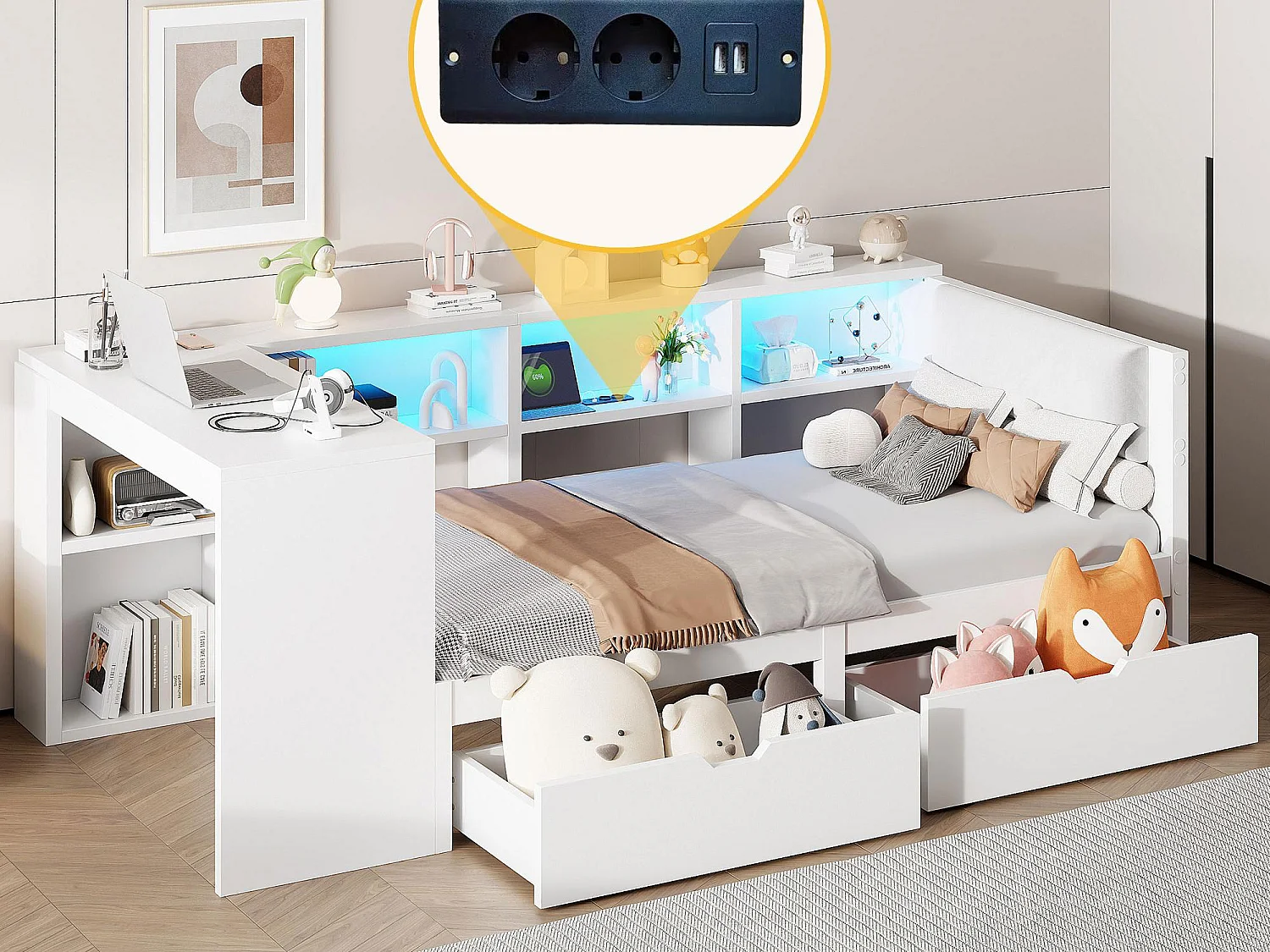 Lit enfant 90x200cm - avec 2 tiroirs et station de charge - avec lumières LED colorées - blanc (sans matelas)