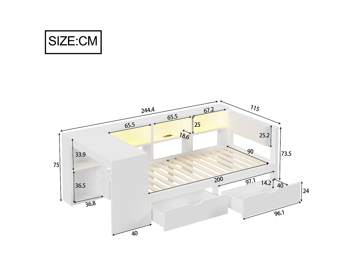 Lit enfant 90x200cm - avec 2 tiroirs et station de charge - avec lumières LED colorées - blanc (sans matelas)