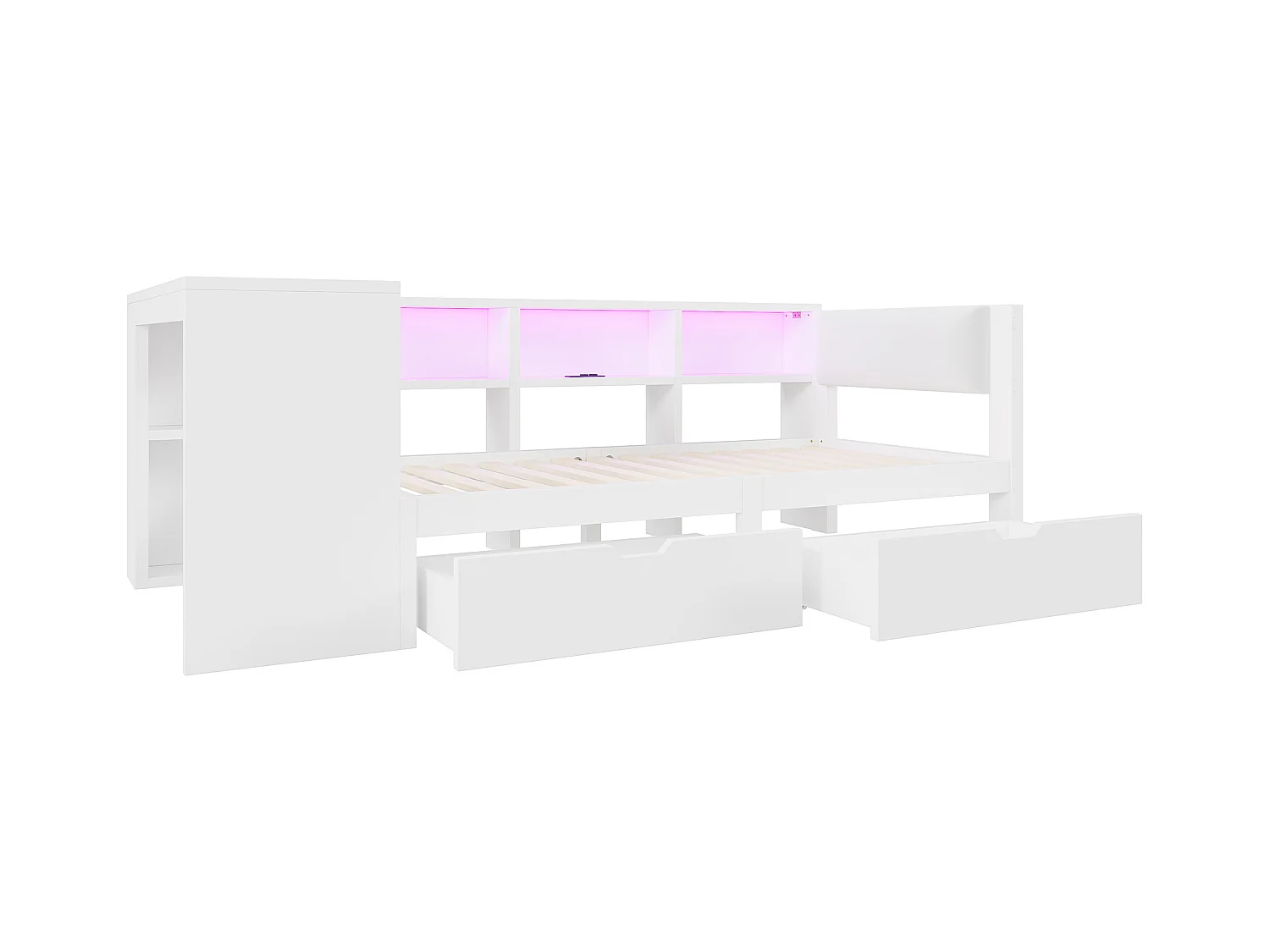 Lit enfant 90x200cm - avec 2 tiroirs et station de charge - avec lumières LED colorées - blanc (sans matelas)
