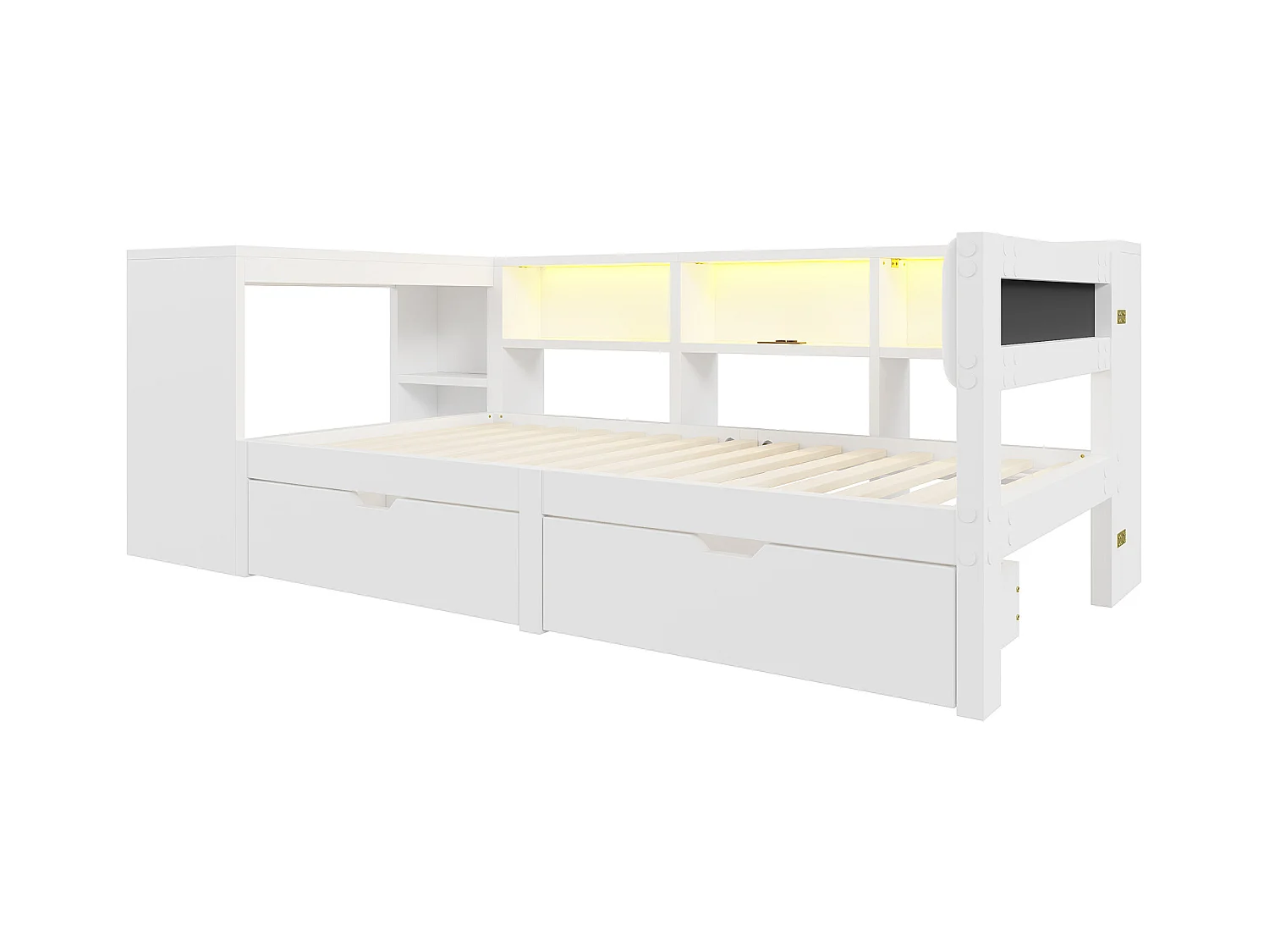 Lit enfant 90x200cm - avec 2 tiroirs et station de charge - avec lumières LED colorées - blanc (sans matelas)