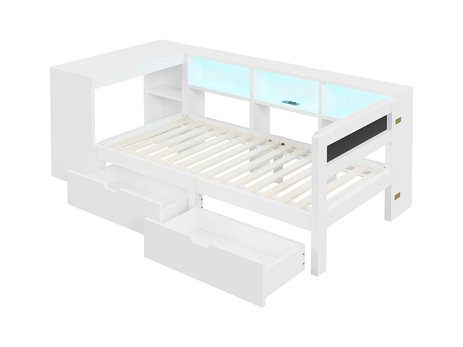 Lit enfant 90x200cm - avec 2 tiroirs et station de charge - avec lumières LED colorées - blanc (sans matelas)