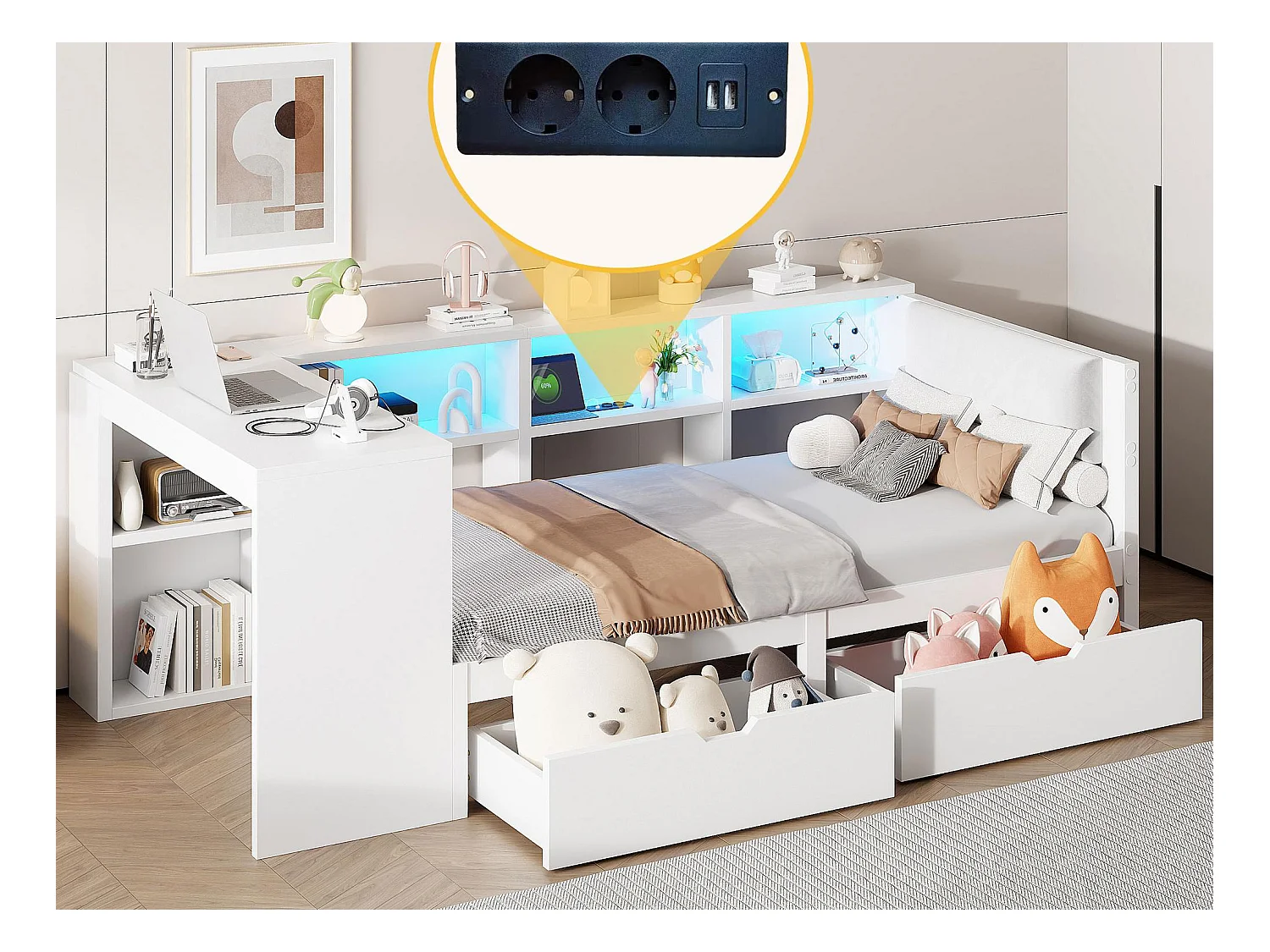 Lit enfant 90x200cm - avec 2 tiroirs et station de charge - avec lumières LED colorées - blanc (sans matelas)