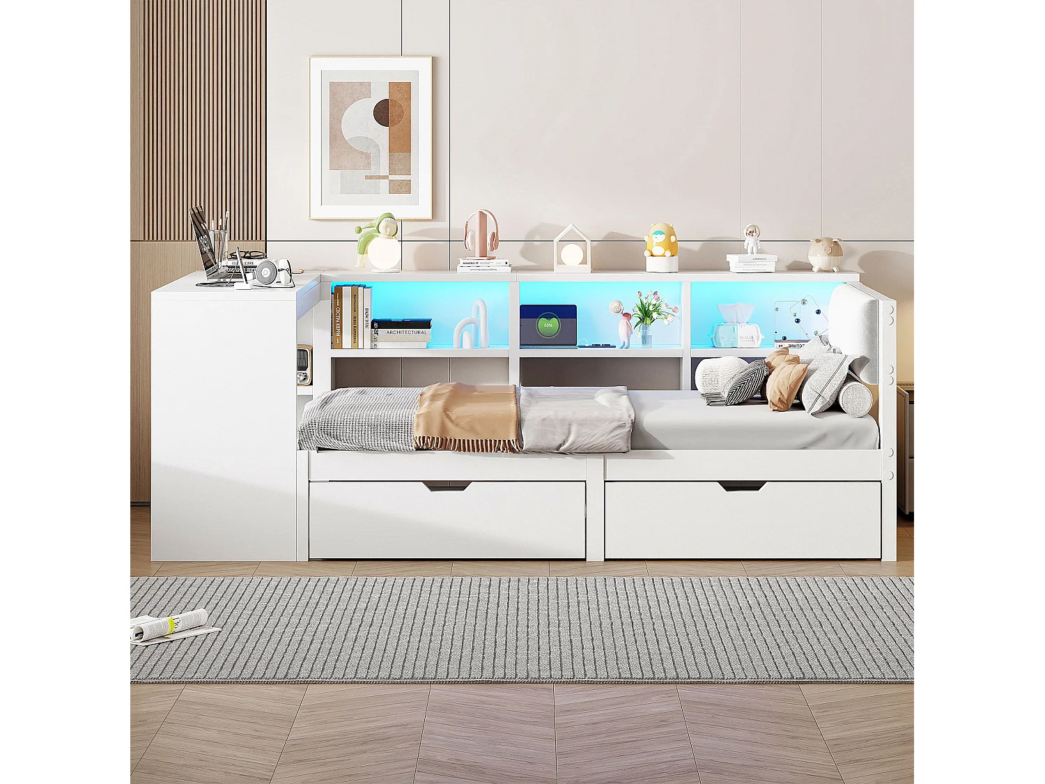 Kinderbett 90x200cm - mit 2 Schubladen und Ladestation - mit farbigen LED-Lichtern - weiß (ohne Matratze)