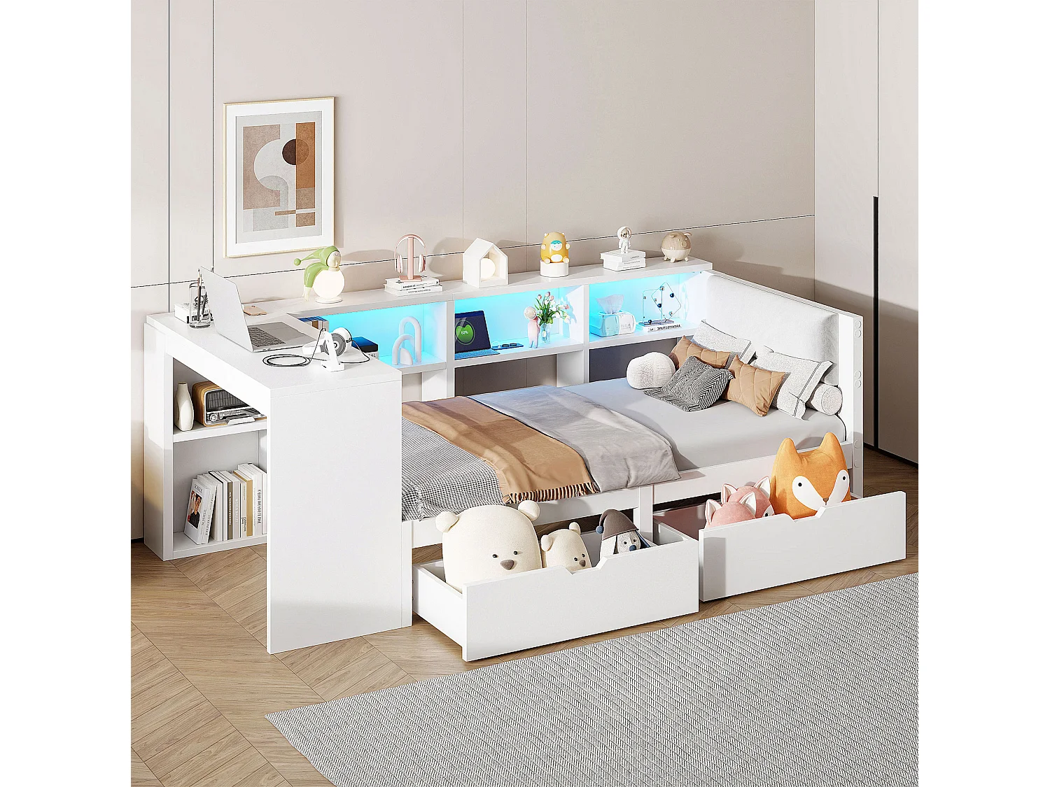 Kinderbett 90x200cm - mit 2 Schubladen und Ladestation - mit farbigen LED-Lichtern - weiß (ohne Matratze)