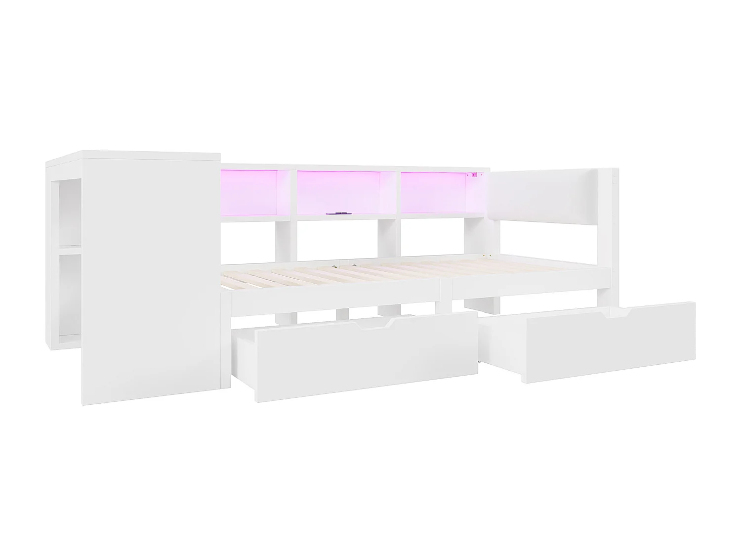 Kinderbett 90x200cm - mit 2 Schubladen und Ladestation - mit farbigen LED-Lichtern - weiß (ohne Matratze)