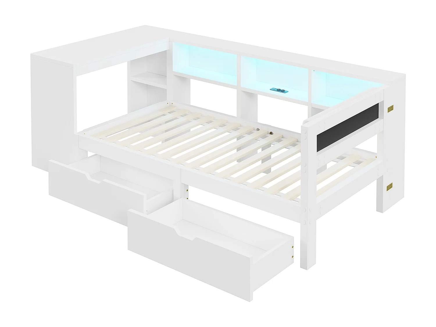 Kinderbett 90x200cm - mit 2 Schubladen und Ladestation - mit farbigen LED-Lichtern - weiß (ohne Matratze)