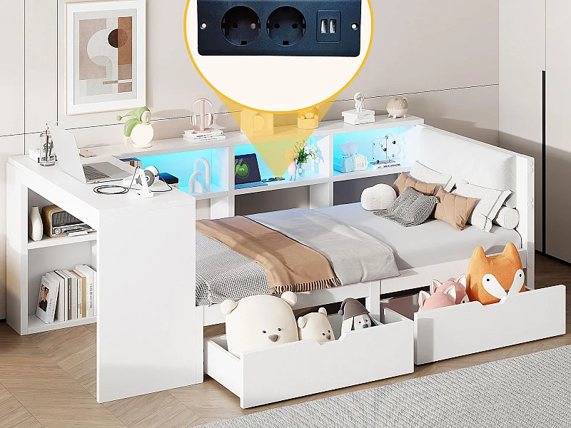 Cama infantil 90x200cm - com 2 gavetas e estação de carga - com luzes LED coloridas - branca (sem colchão)